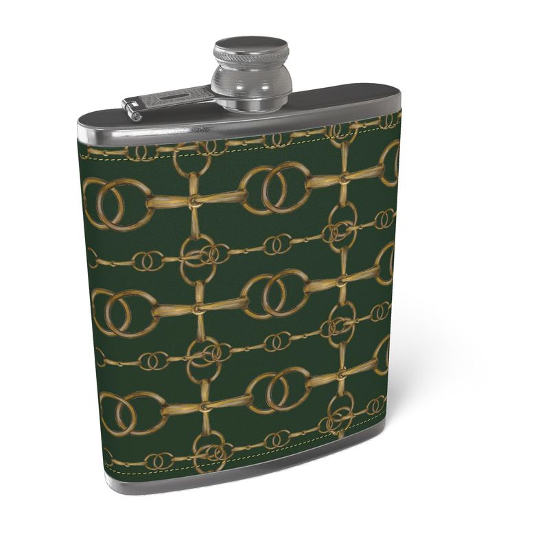 Hunter Green Bit Motif Leather Wrapped Hip Flask, Horse Lover Gift, Main image