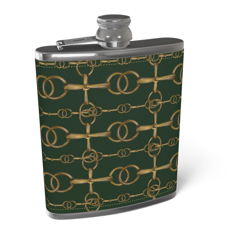 Hunter Green Bit Motif Leather Wrapped Hip Flask, Horse Lover Gift,