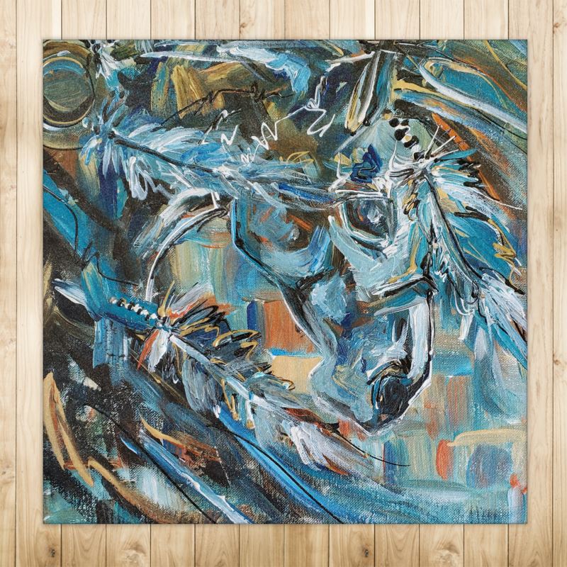 Blue Feather Horse Painting Rug 4x4ft