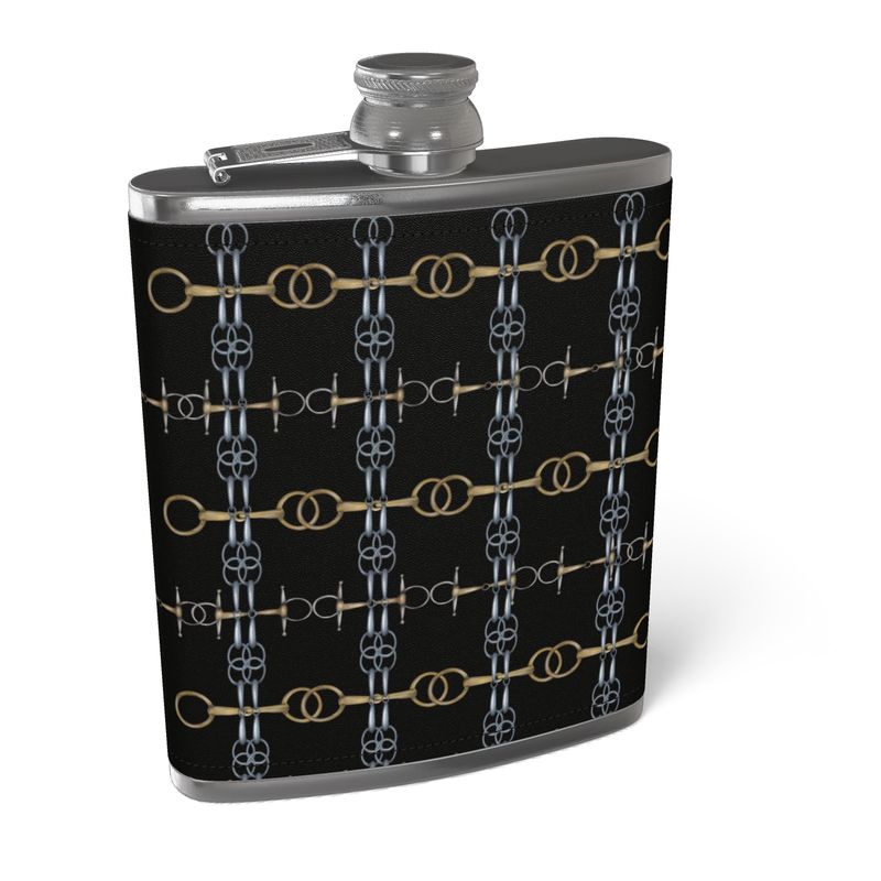 Black Equestrian Bit  Leather Wrapped Flask