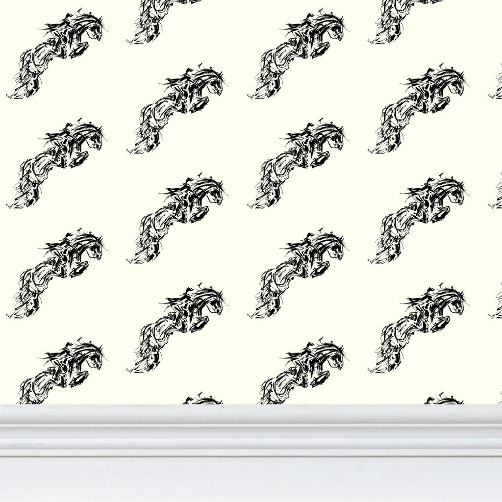 Ivory Jumping Horse Motif Wallpaper