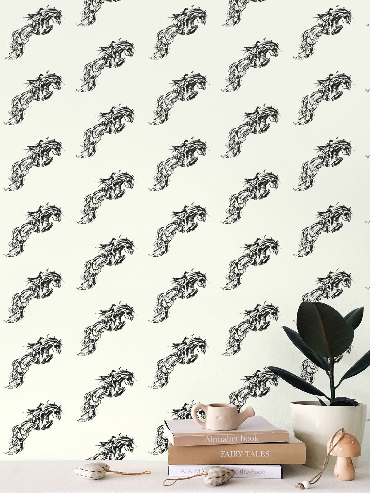 Ivory Jumping Horse Motif Wallpaper